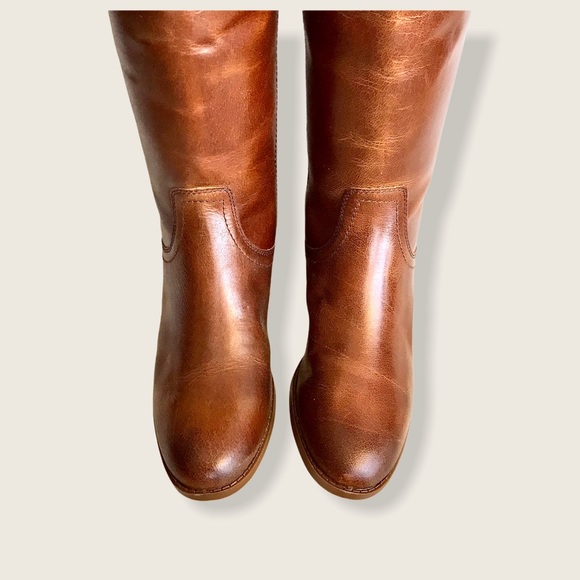 $399 Frye Jolie Back Zip Cognac Knee High Zip Up Round Toe Real Leather Boots - Picture 7 of 16